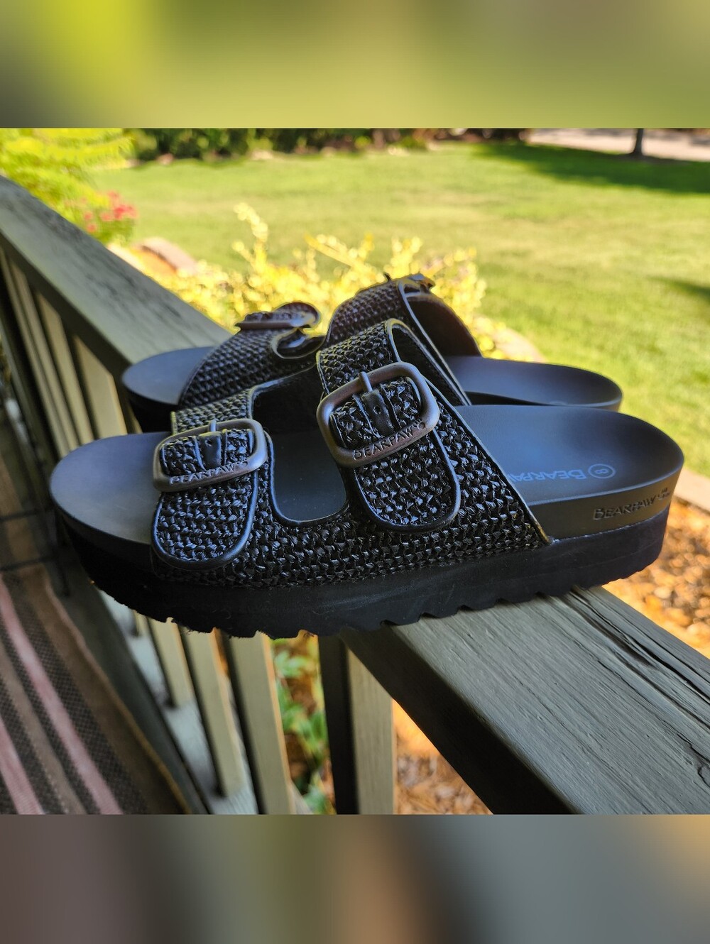 BearPaw Black Textured Double-Buckle Slide Sandals